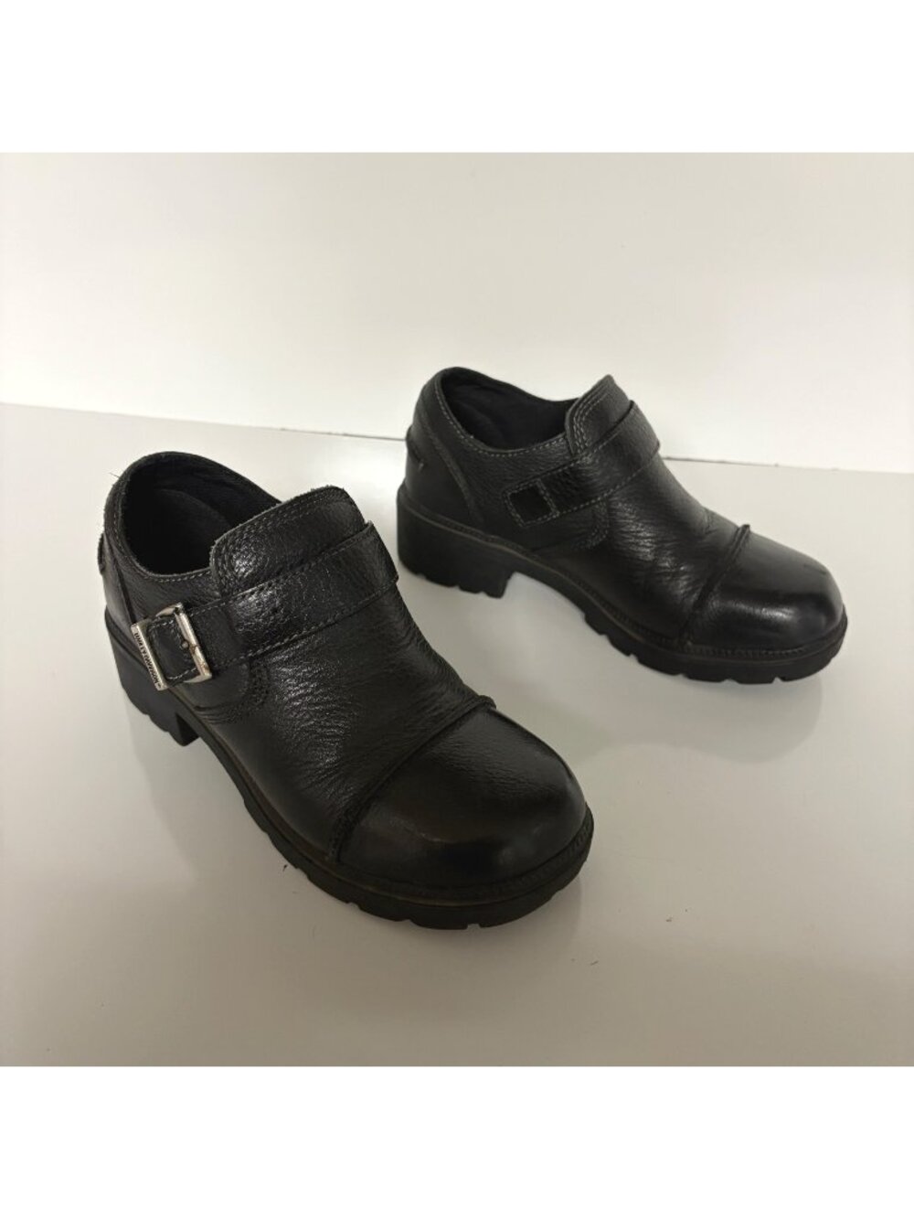 Harley Davidson Black Leather Slip-On Shoes Womens Size 6.5 Buckle Moto Biker